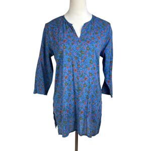 Roller Rabbit Blue Orange Floral 3/4 Sleeve Split Crew Neckline Thin Tunic Top